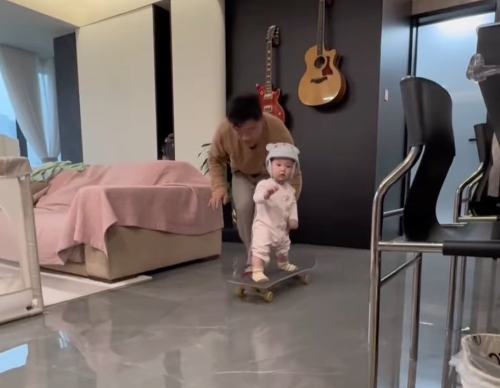 While practising at home, his dad remains close by to ensure Juanjuan does not fall and hurt himself. Photo: Facebook