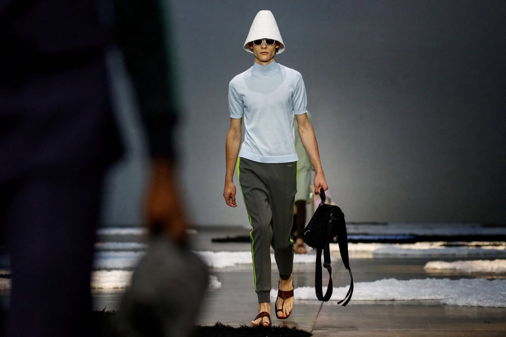 Models wear creations from Prada’s spring-summer 2026 menswear collection at Milan Fashion Week, including Kolhapuri chappal-inspired footwear. Photo: Reuters