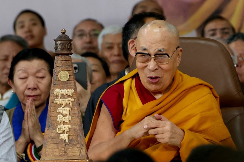 Tibetan spiritual leader the Dalai Lama speaks during a prayer ceremony celebrating his 90th birthday near Dharamsala on Sunday. Photo: AFP