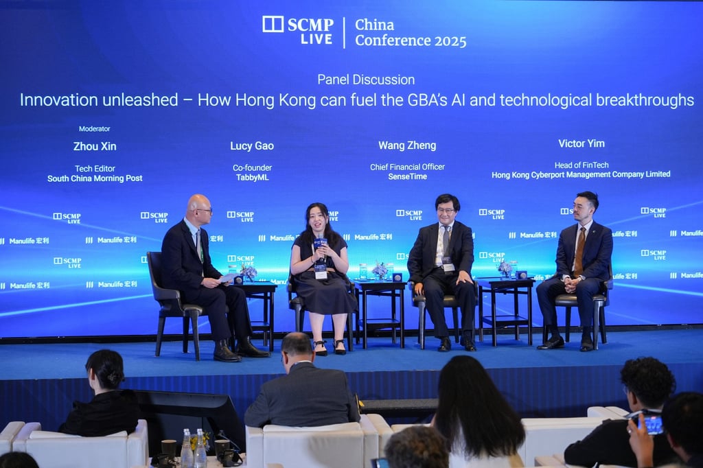 South China Morning Post technology editor Zhou Xin (left) moderates a panel discussion with TabbyML co-founder Lucy Gao, SenseTime chief financial officer Wang Zheng and Victor Yim, head of fintech at Cyberport, during the SCMP’s China Conference 2025 on Tuesday at the JW Marriott Hotel in Admiralty. Photo: Eugene Lee
