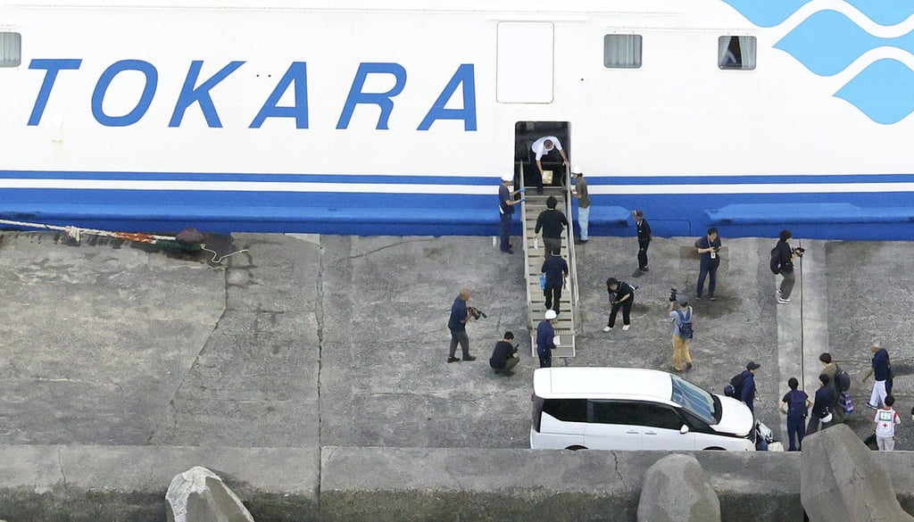 Residents board a ferry to evacuate from Akuseki island in the Tokara island chain in Kagoshima prefecture, southwestern Japan, on July 6 after strong earthquakes hit the area. Photo: Kyodo