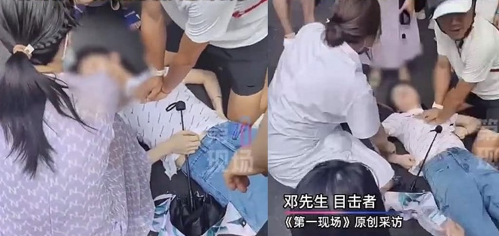 Pan, wearing the white baseball cap, got off his bicycle to come to the woman’s aid. Photo: Weibo