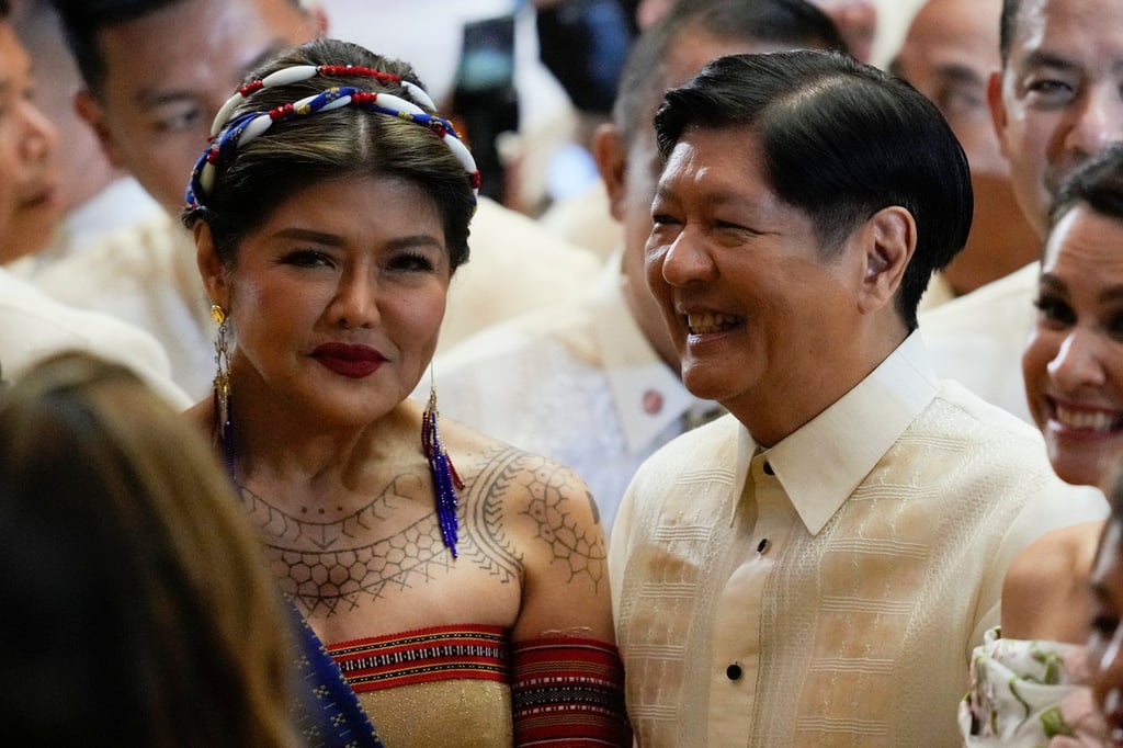 Happier times: Philippine President Ferdinand Marcos Jnr with his sister Imee (left) after delivering his second state of the nation address at the House of Representatives in 2023. Photo: AP