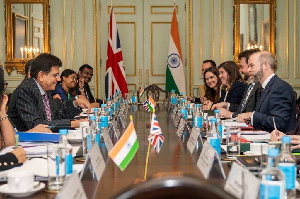 Britain’s Business and Trade Secretary Jonathan Reynolds meets Indian Commerce Minister Piyush Goyal for trade talks in London on April 28. Photo: Reuters