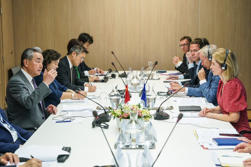 Chinese Foreign Minister Wang Yi, also a member of the Political Bureau of the Communist Party of China Central Committee, and EU High Representative for Foreign Affairs and Security Policy Kaja Kallas hold the 13th round of China-EU High-level Strategic Dialogue in Brussels, Belgium, on July 2. Photo: Xinhua