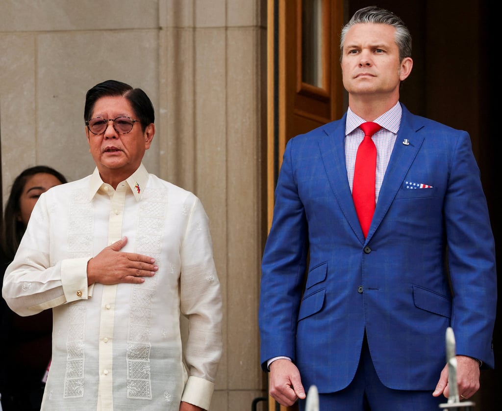 US Defence Secretary Pete Hegseth (right) welcomes Philippine President Ferdinand Marcos Jnr to the Pentagon on Monday. Photo: Reuters