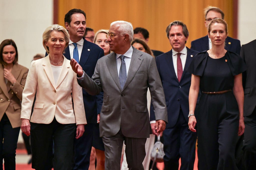 From left, European Commission President Ursula von der Leyen, President of the European Council, Antonio Costa, and High Representative Kaja Kallas in the Great Hall of the People on Thursday. Photo: EPA