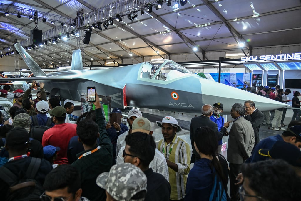 A full-scale model of India’s Advanced Medium Combat Aircraft (AMCA) aircraft is displayed during at an air show in Bengaluru on February 14. The AMCA is projected to have its first prototype flight in 2028-29. Photo: AFP