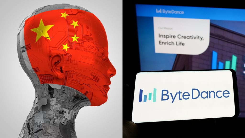 An image of a robotic AI brain and Chinese flag (left) and the ByteDance logo are shown in this illustration picture created on July 1, 2025. Photo: Shutterstock Images