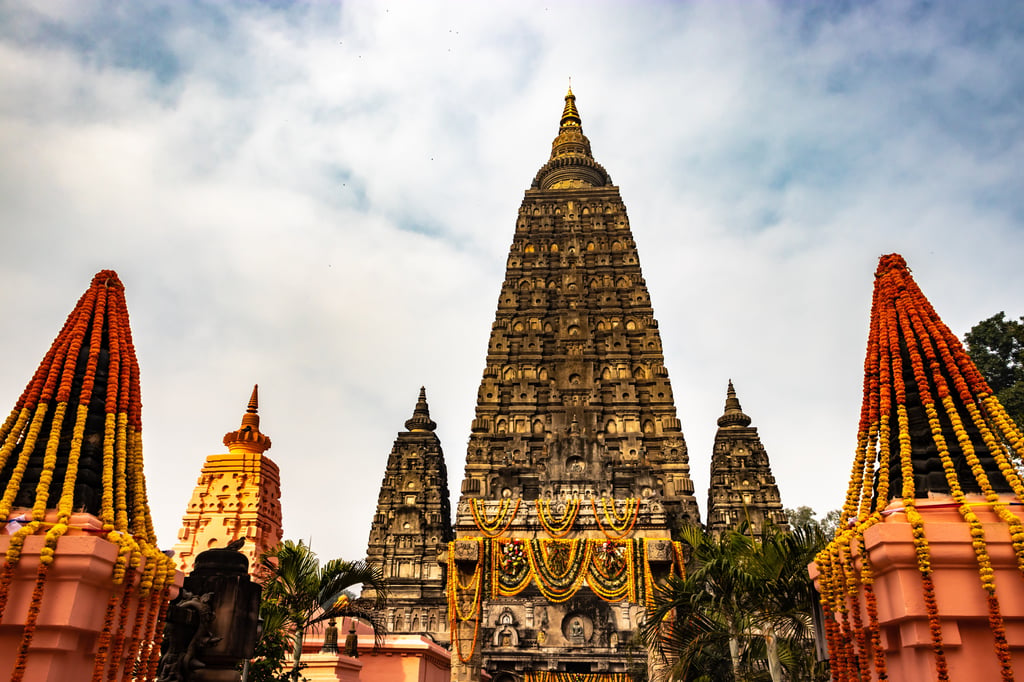 Flowers adorn Gaya’s Mahabodhi Temple, in Bihar state. Photo: Getty Images