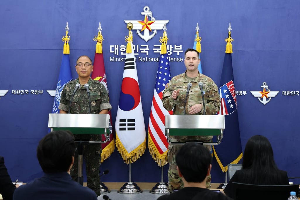 Colonel Lee Sung-jun (left) of South Korea’s Joint Chiefs of Staff and Colonel Ryan Donald of US Forces Korea speak during a press briefing on Thursday. Photo: EPA-EFE
