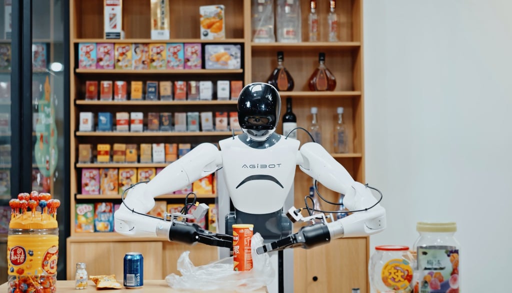 A wheeled AgiBot robot works at a supermarket checkout counter during a demonstration. Photo: Handout