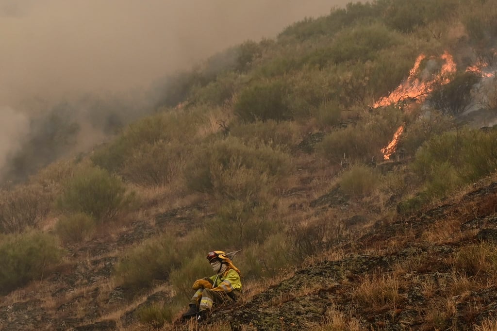 A firefighter rests as flames continue to burn land at Barniedo de la Reina, Leon, Spain, on Monday. Photo: EPA