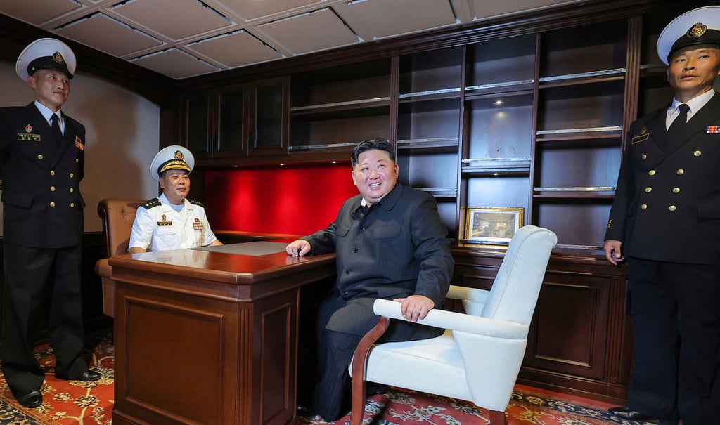 North Korean leader Kim Jong-un (centre) inspects the warship Choe Hyon in Nampo, North Korea, on Monday. Photo: KCNA/AP