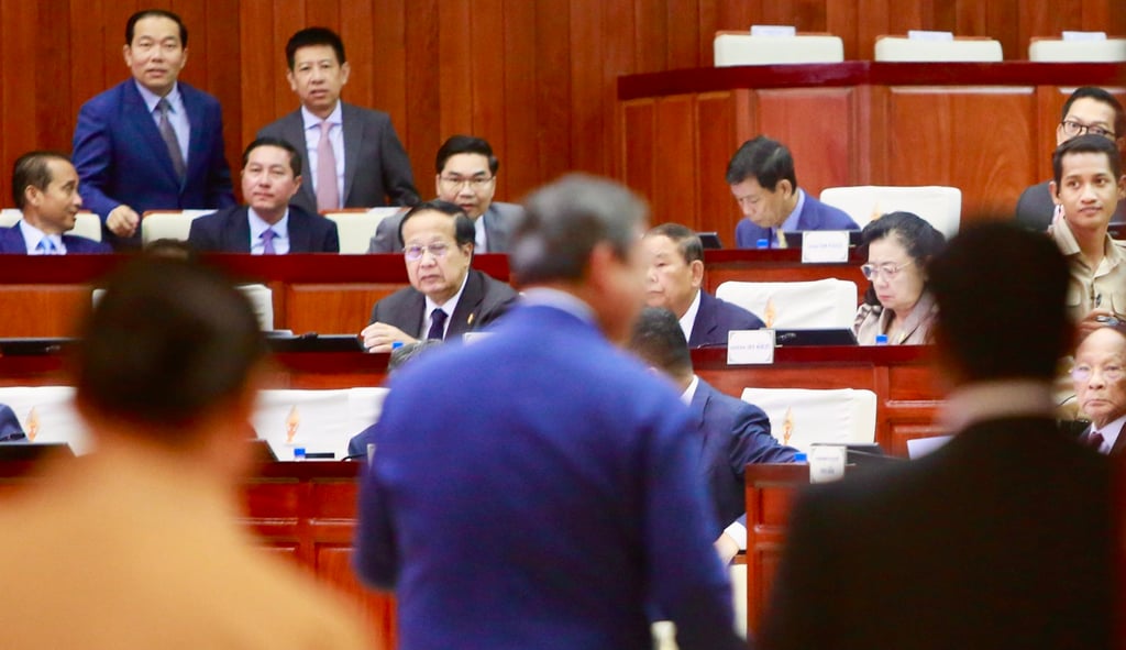Cambodian lawmakers at Monday’s National Assembly meeting where they approved the citizenship law. Photo: EPA