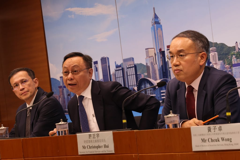 (Left to Right) Frankie Fung, Principal Assistant Secretary (Project Capability and Strategy), Development Bureau; Darryl Chan, Deputy Chief Executive of the Hong Kong Monetary Authority and Christopher Hui, Secretary for Financial Services and the Treasury, during the press conference to launch the 10th batch of Silver Bonds at Harbour Building in Central on August 29, 2025. Photo: Jelly Tse