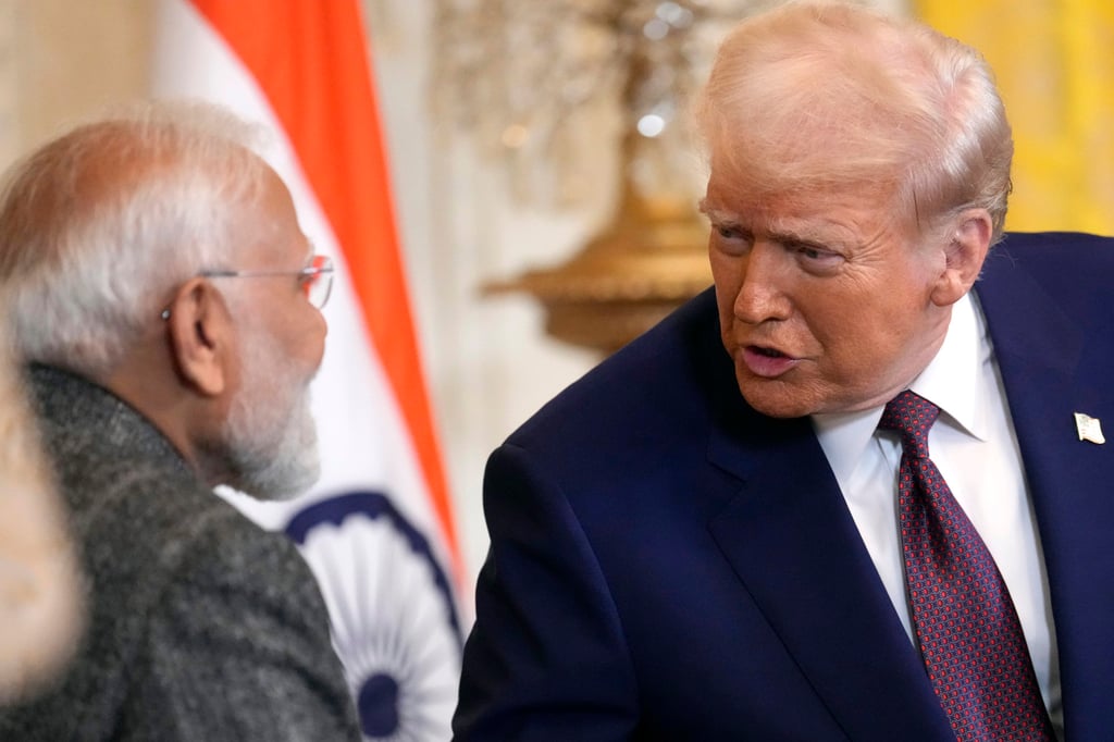 US President Donald Trump (right) speaks with India’s Prime Minister Narendra Modi at the White House in February. Photo: Photo: AP
