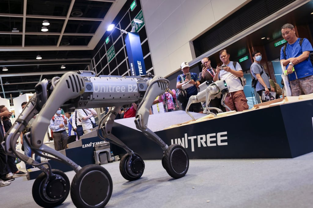 Unitree’s robot dogs attract interest at the 2024 Hong Kong Computer & Communications Festival. Photo: Jelly Tse