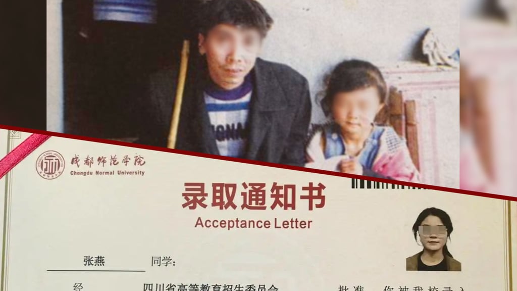 It has been a long, hard journey for Zhang. From begging in the street with her father to a university acceptance letter. Photo: SCMP composite/Douyin/ifeng