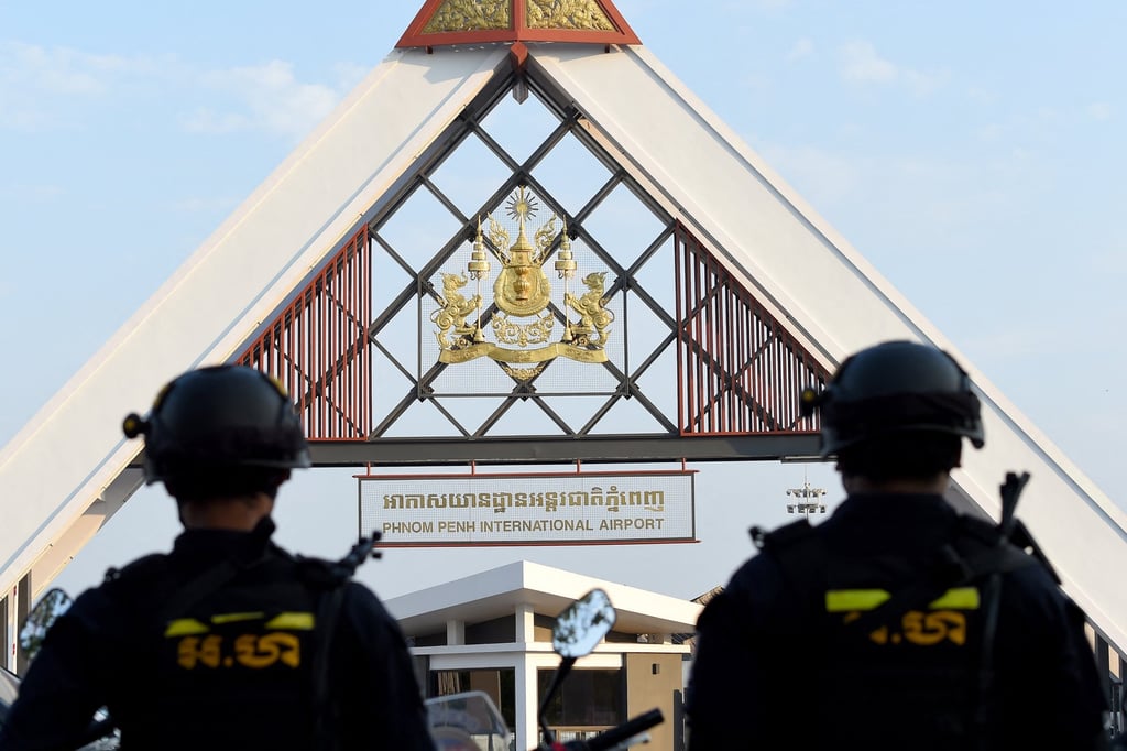 Cambodian military police stand guard in front of Phnom Penh International Airport. Photo: AFP