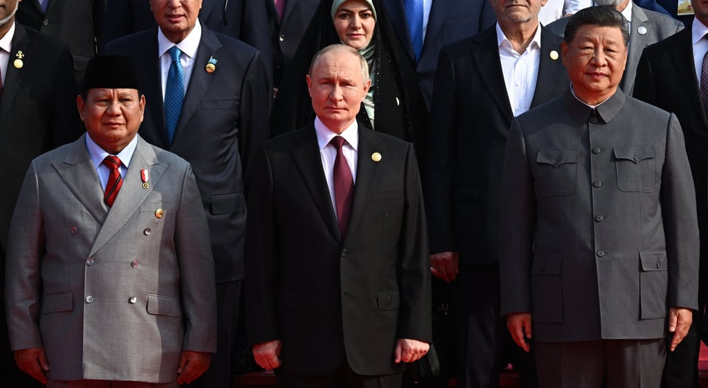 Indonesian President Prabowo Subianto (left) stands in the front row with Russian President Vladimir Putin and Chinese President Xi Jinping on Wednesday. Photo: EPA