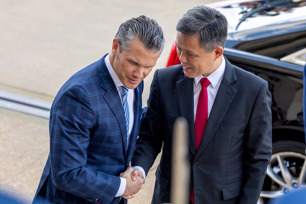 US Secretary of War Pete Hegseth welcomes his Singaporean counterpart Chan Chun Sing at the Pentagon in Arlington on Tuesday. Photo: EPA