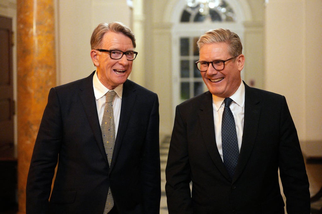 British Prime Minister Keir Starmer (right) with Britain’s ambassador to the United States Peter Mandelson during a welcome reception at the ambassador’s residence in February in Washington. Photo: Pool via Reuters