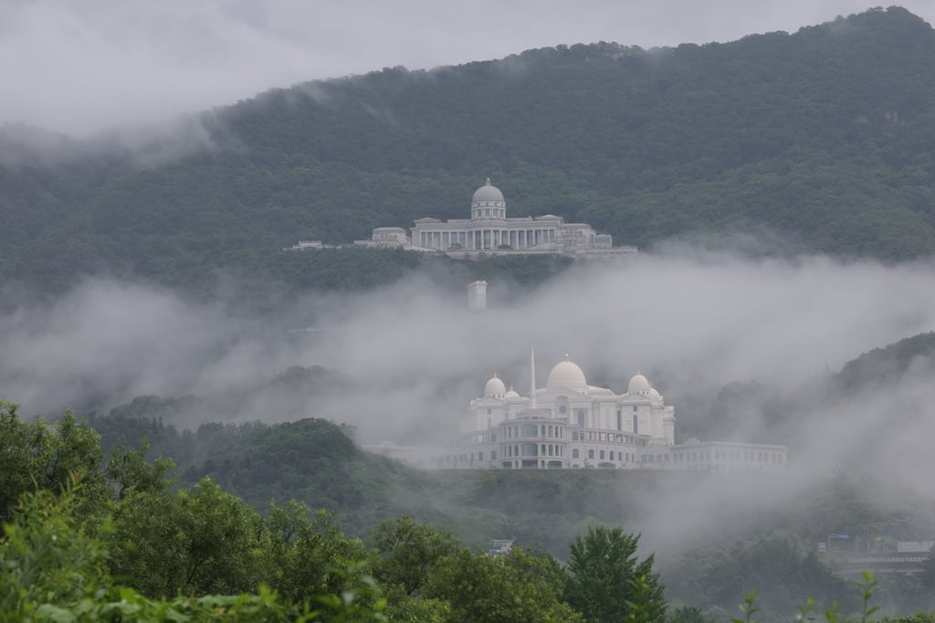 The Unification Church’s headquarters in Gapyeong, South Korea, seen shrouded by fog. Photo: Yonhap/EPA