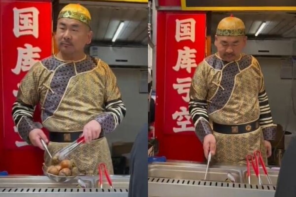 Ye hams it up in his emperor’s robe and cap. The outfit has helped his business boom. Photo: Handout