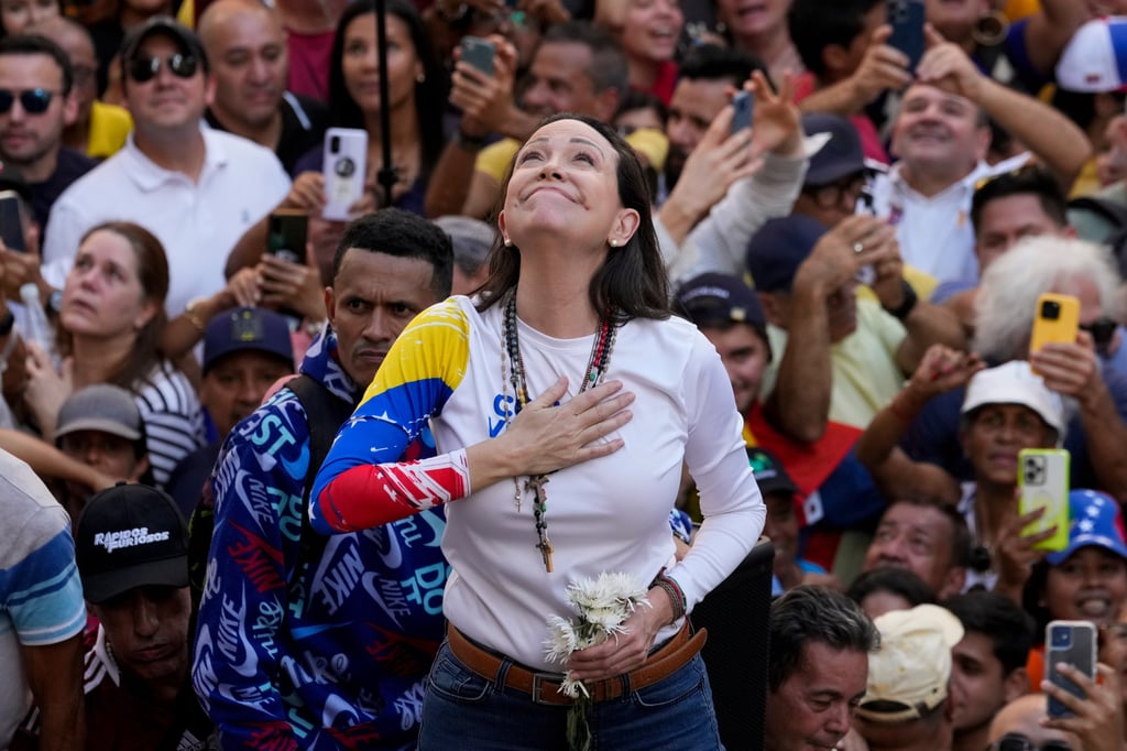 Venezuelan opposition leader Maria Corina Machado addresses supporters at a protest against President Nicolas Maduro in Caracas, Venezuela in January. Photo: AP