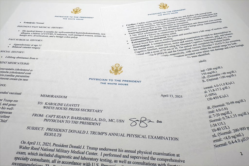 The report on President Donald Trump’s health after his physical on April 11. Photo: AP
