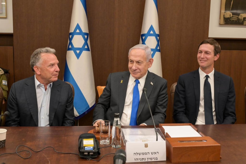US special envoy to the Middle East Steve Witkoff, Israeli Prime Minister Benjamin Netanyahu and US President Donald Trump’s son-in-law Jared Kushner attend a government meeting in Jerusalem on Thursday. Photo: GPO via Xinhua