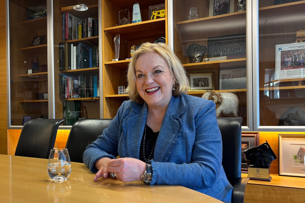 New Zealand’s Defence Minister Judith Collins speaks at her parliamentary office in Wellington, New Zealand, on Wednesday. Photo: AP