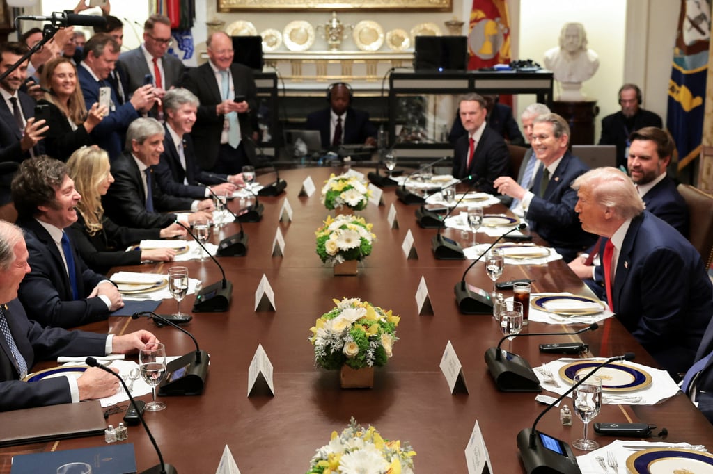 US President Donald Trump hosts Argentina’s President Javier Milei, as they have lunch in the Cabinet Room at the White House on Tuesday. Photo: Reuters