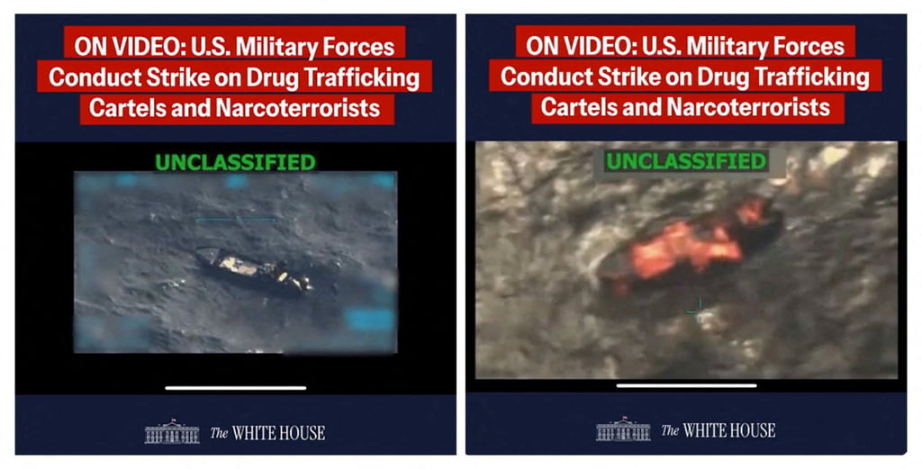 Two screen captures from a video posted on social media show what US President Donald Trump said was a US military strike on a Venezuelan drug cartel vessel that had been on its way to the United States. Photos: White House via Reuters