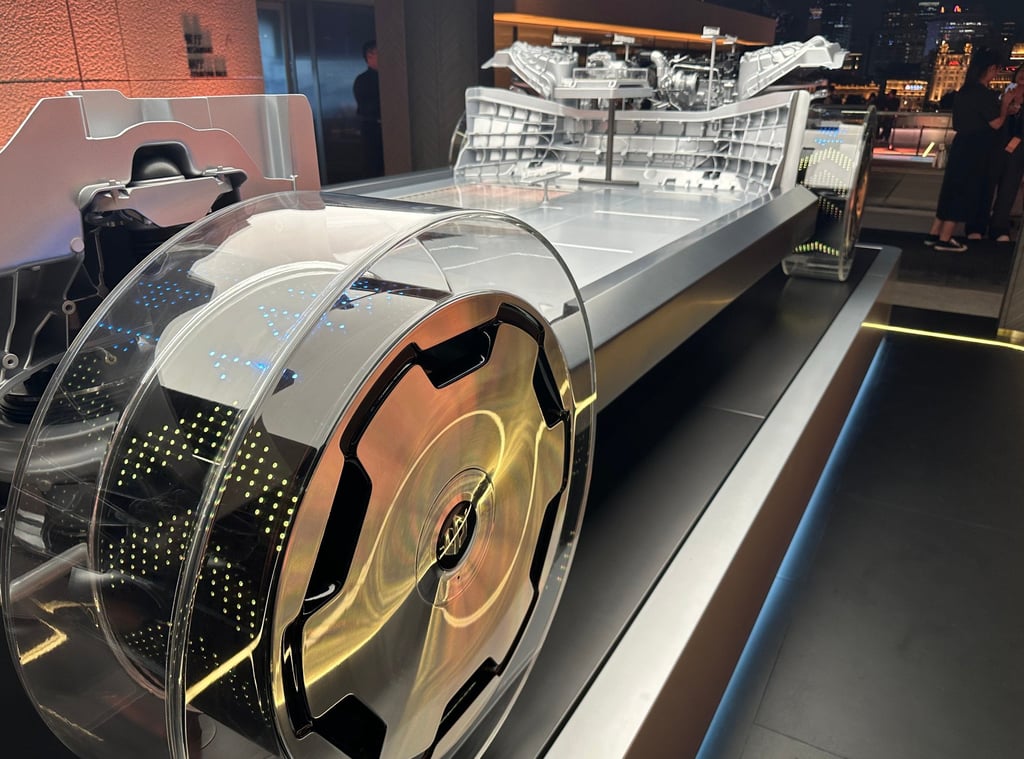 An EV chassis is displayed at Leapmotor’s event to unveil the D19 SUV in Shanghai on Thursday. Photo: Daniel Ren