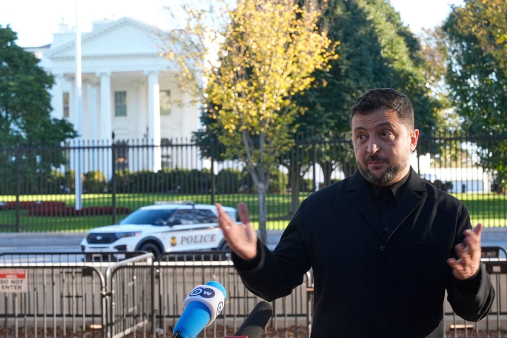 Ukraine’s President Volodymyr Zelensky speaks to reporters across the street from the White House following his meeting with Trump on Friday. Photo: AP