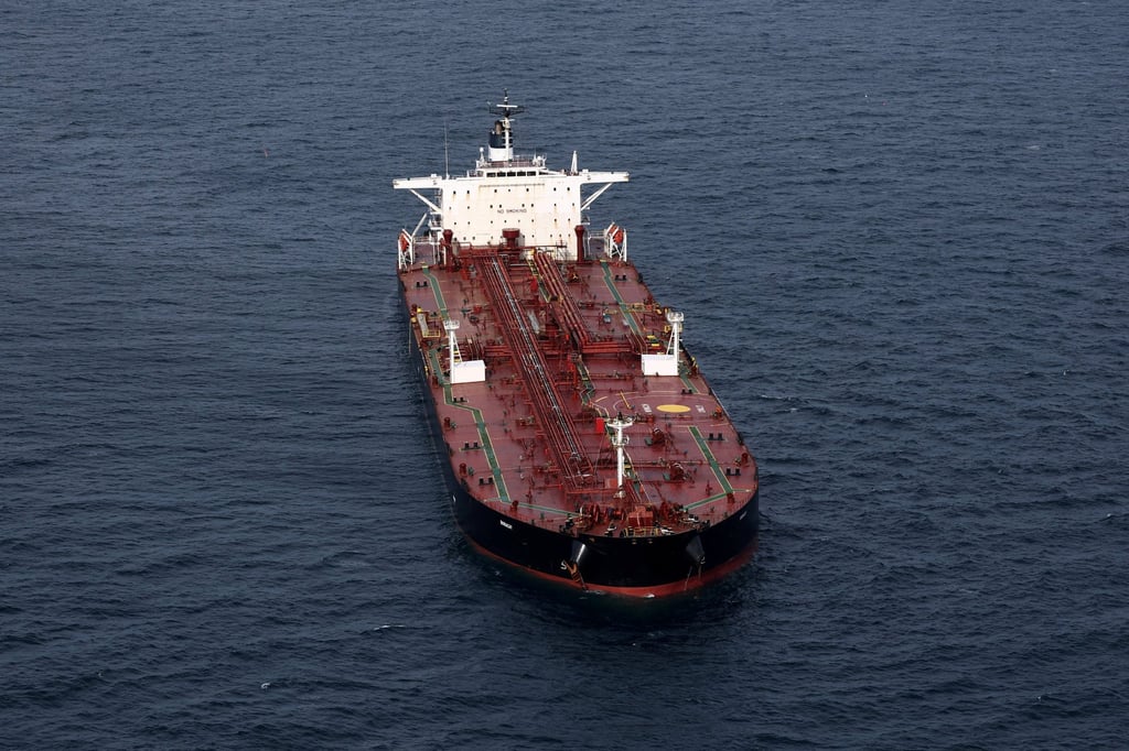 The oil tanker Boracay (also called Pushpa), a vessel being investigated by French authorities and suspected of belonging to the so-called ‘shadow fleet’ involved in the Russian oil trade, off the coast of the western France on October 2. Photo: Reuters