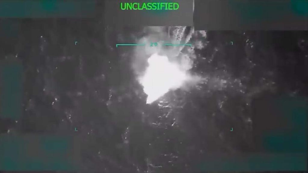 A video released by the US Department of Defence shows a precision strike destroying an alleged narcotics vessel in international waters on September 2. Photo: Department of Defence/TNS