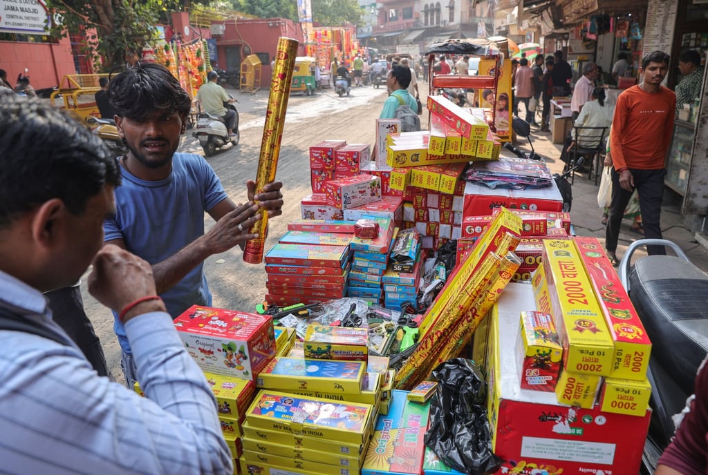 A street vendor sells fireworks last week near Jama Masjid mosque in the old quarter of Delhi. Photo: EPA