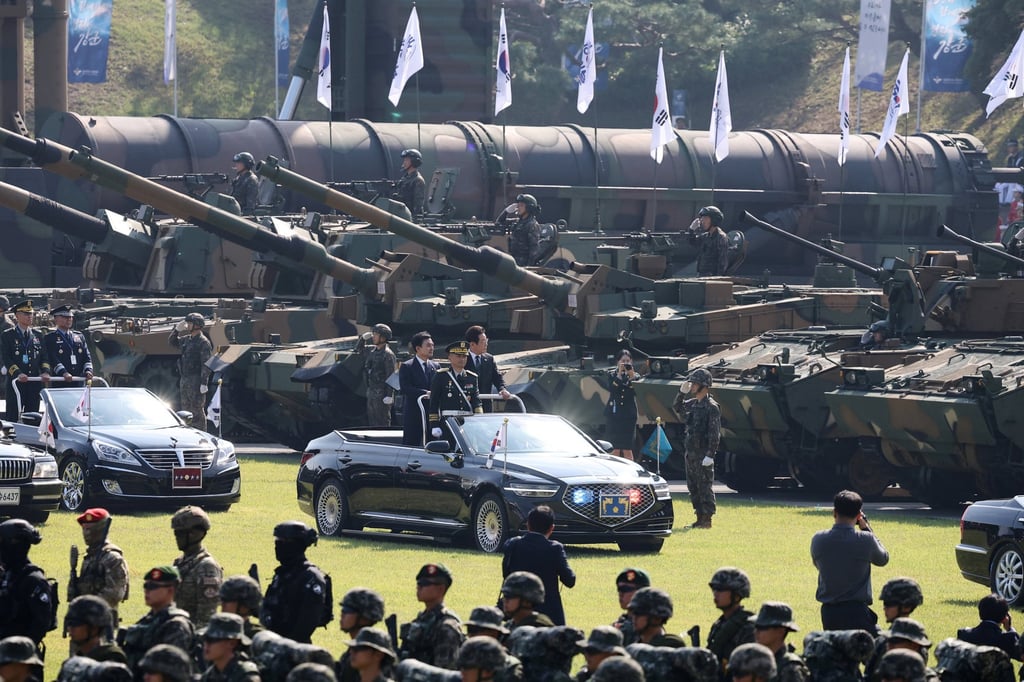 South Korean President Lee Jae-myung (centre, right) and his defence minister inspect military assets during a celebration to mark the country’s 77th Armed Forces Day earlier this month. Photo: Reuters