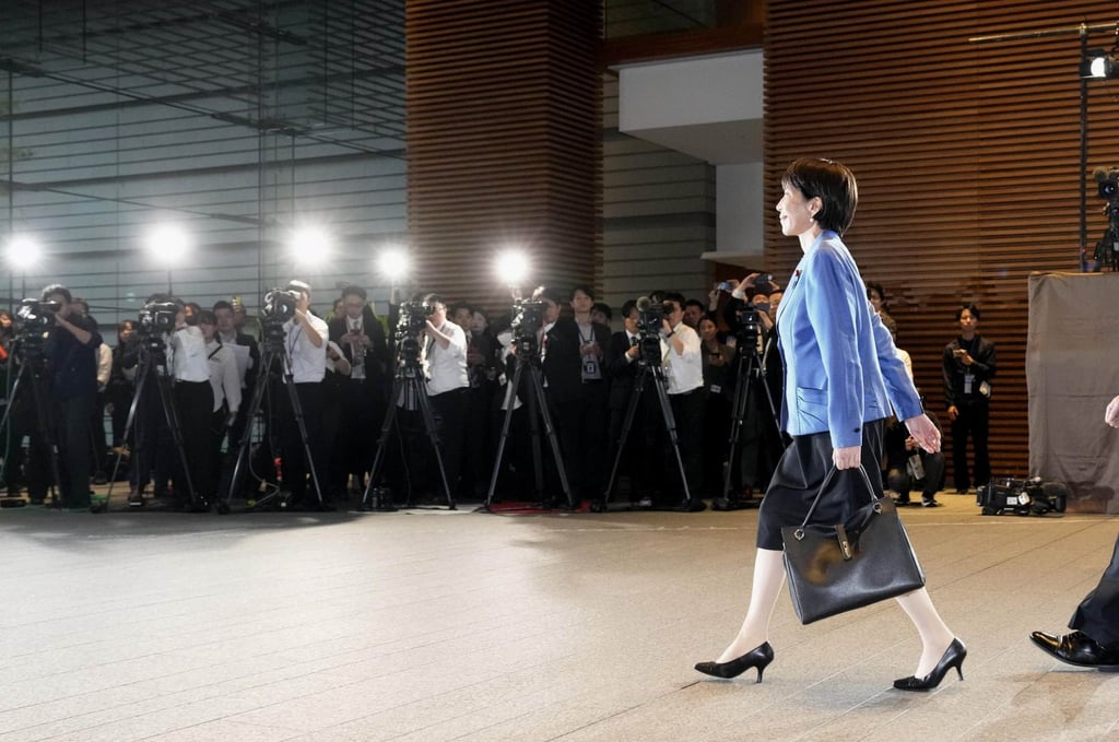 New Japanese Prime Minister Sanae Takaichi arrives at the premier’s office in Tokyo after being elected as the nation’s first female prime minister on Tuesday. Photo: Kyodo