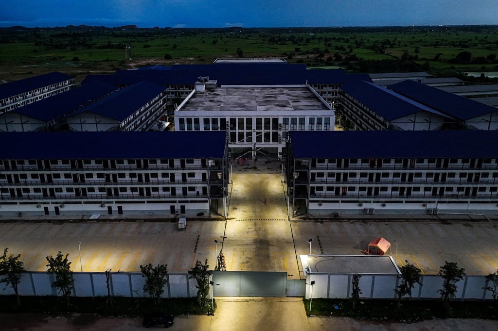 A suspected scam compound in Cambodia’s Takeo province pictured from the air on October 16. Photo: Reuters