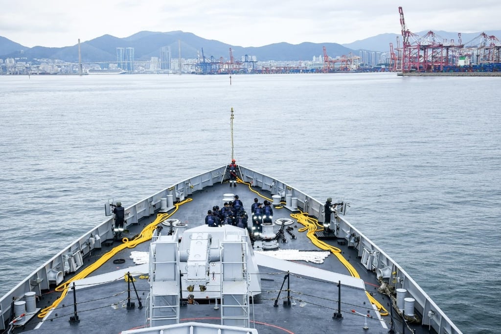 The Indian naval ship Sahyadri arrives at Busan in South Korea earlier this month. Photo: Handout