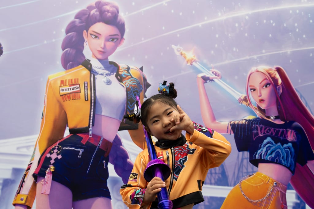 A model poses for photos at a KPop Demon Hunters themed zone in Everland amusement park in Yongin, Gyeonggi province, South Korea, on September 30, 2025. Photo: EPA