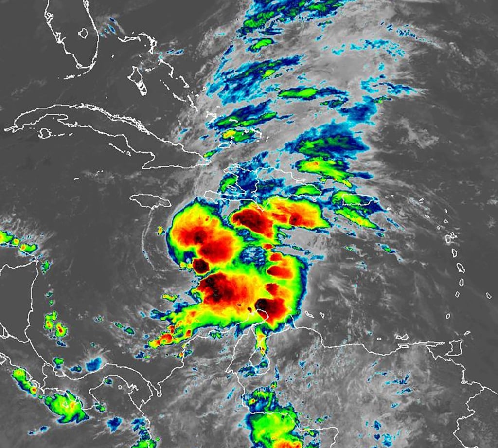An infrared satellite image shows Tropical Storm Melissa in the Caribbean on Thursday. Photo: TNS