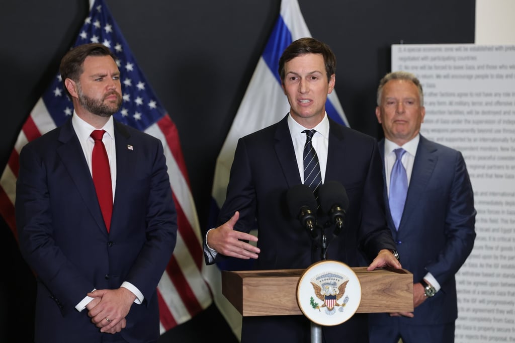 Jared Kushner speaks during a media briefing at the US-led Civil-Military Coordination Centre in Kiryat Gat, southern Israel, on Tuesday. Photo: EPA