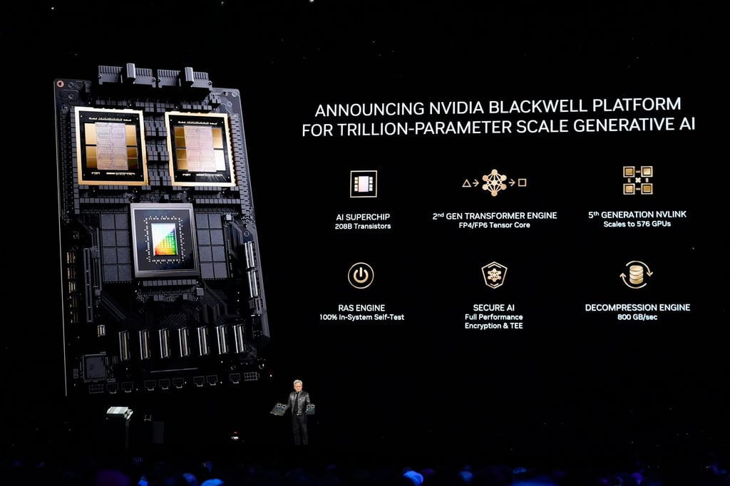 Nvidia CEO Jensen Huang presents the Blackwell chip platform during the company’s GTC event, a global AI conference for developers, in San Jose, California, on March 18, 2024. Photo: AP