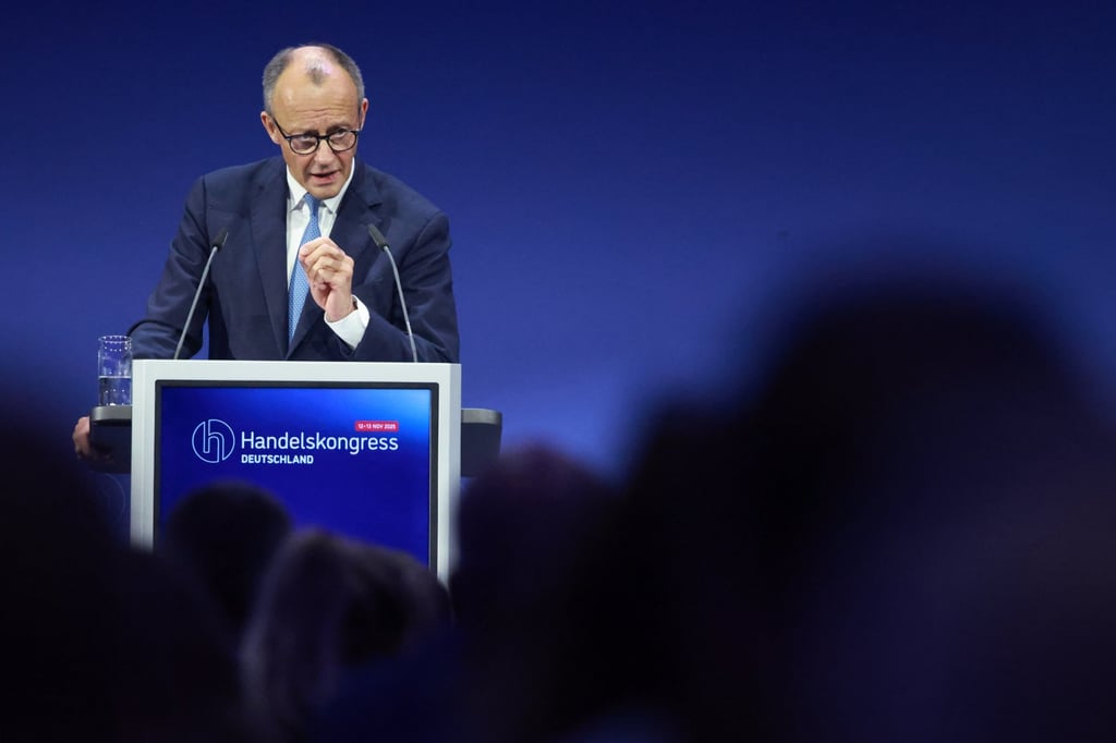 German Chancellor Friedrich Merz speaks during an event in Berlin on Thursday. Photo: EPA