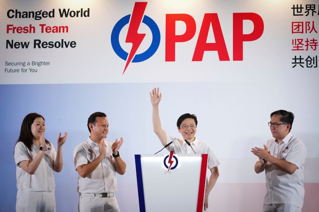 Prime Minister Lawrence Wong from People’s Action Party speaks to voters at an assembly area during the May 3 general election in Singapore. Photo: AP